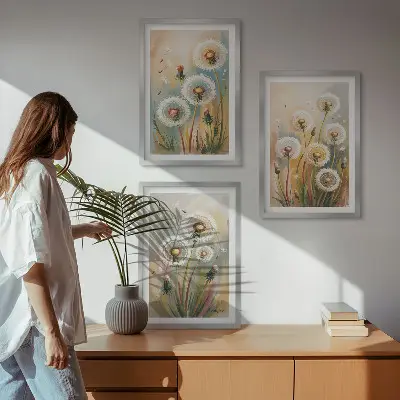 3er-Set Wandbilder mit Rahmen Löwenzahnblüten mit pastellfarbenen Gräsern