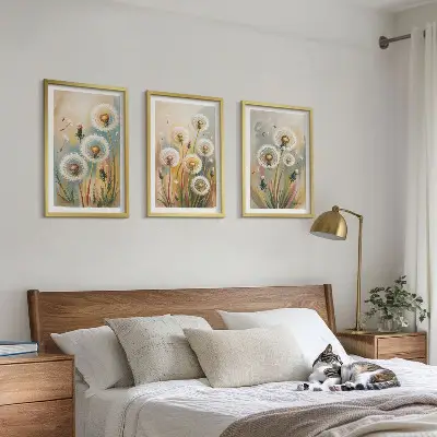 3er-Set Wandbilder mit Rahmen Löwenzahnblüten mit pastellfarbenen Gräsern