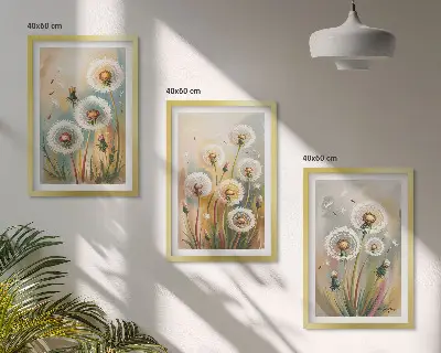 3er-Set Wandbilder mit Rahmen Löwenzahnblüten mit pastellfarbenen Gräsern