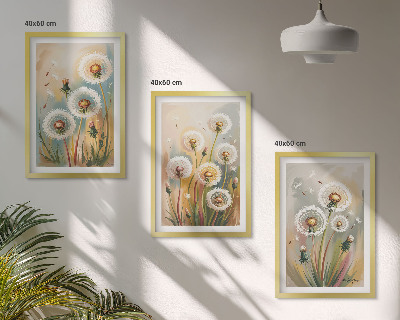Bilder-3er-set mit rahmen Löwenzahnblüten, pastellfarbene Gräser