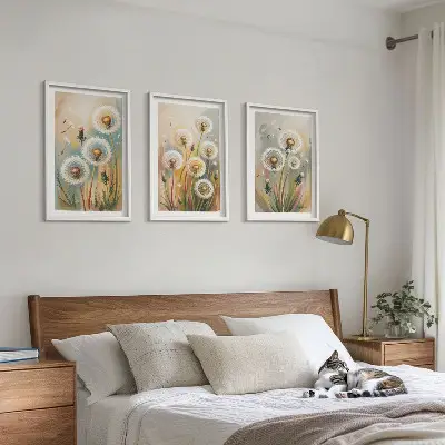 3er-Set Wandbilder mit Rahmen Löwenzahnblüten mit pastellfarbenen Gräsern