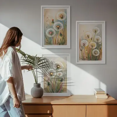 3er-Set Wandbilder mit Rahmen Löwenzahnblüten mit pastellfarbenen Gräsern