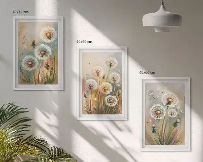 3er-Set Wandbilder mit Rahmen Löwenzahnblüten mit pastellfarbenen Gräsern
