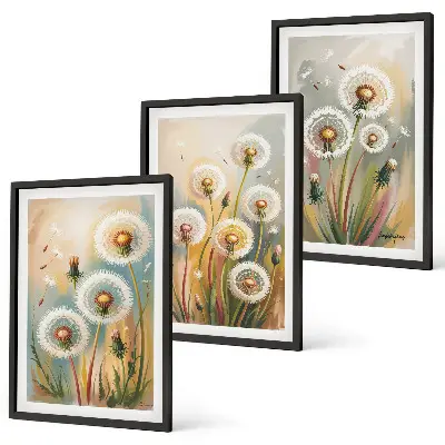 3er-Set Wandbilder mit Rahmen Löwenzahnblüten mit pastellfarbenen Gräsern