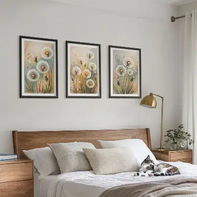 3er-Set Wandbilder mit Rahmen Löwenzahnblüten mit pastellfarbenen Gräsern