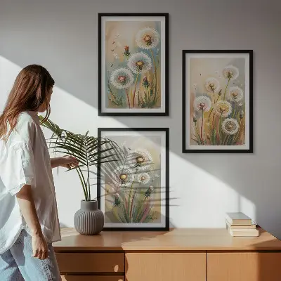 3er-Set Wandbilder mit Rahmen Löwenzahnblüten mit pastellfarbenen Gräsern
