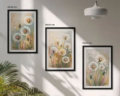 3er-Set Wandbilder mit Rahmen Löwenzahnblüten mit pastellfarbenen Gräsern