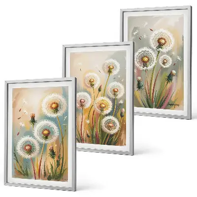 3er-Set Wandbilder mit Rahmen Löwenzahnblüten mit pastellfarbenen Gräsern
