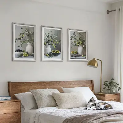 Oliven in grauen Vasen 3er-Set Bilder mit Rahmen