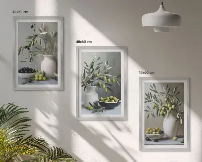 Oliven in grauen Vasen 3er-Set Bilder mit Rahmen