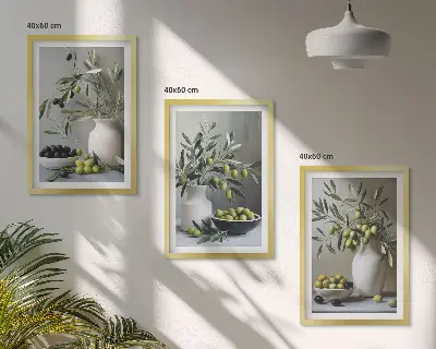 Oliven in grauen Vasen 3er-Set Bilder mit Rahmen