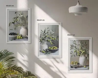 Oliven in grauen Vasen 3er-Set Bilder mit Rahmen