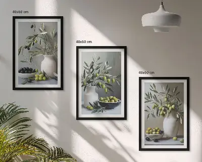 Oliven in grauen Vasen 3er-Set Bilder mit Rahmen