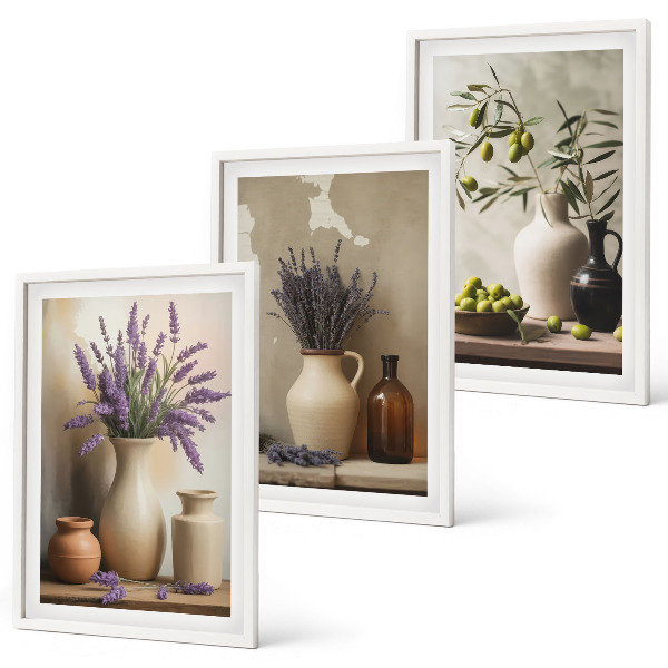 Bilder-3er-set mit rahmen Blumen in Vasen, Oliven, Dekorationen