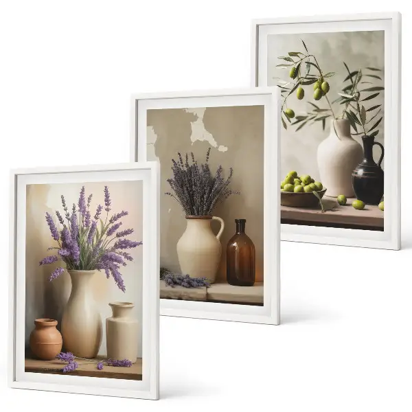 3er-Set Wandbilder mit Rahmen mit Blumen in Vasen und Olivenzweig-Motiv