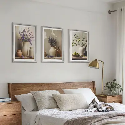 3er-Set Wandbilder mit Rahmen mit Blumen in Vasen und Olivenzweig-Motiv