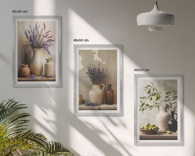 Bilder-3er-set mit rahmen Blumen in Vasen, Oliven, Dekorationen