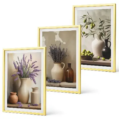 3er-Set Wandbilder mit Rahmen mit Blumen in Vasen und Olivenzweig-Motiv