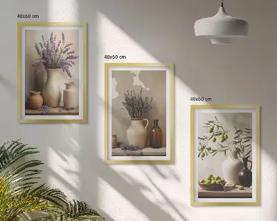3er-Set Wandbilder mit Rahmen mit Blumen in Vasen und Olivenzweig-Motiv