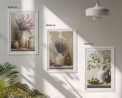 3er-Set Wandbilder mit Rahmen mit Blumen in Vasen und Olivenzweig-Motiv