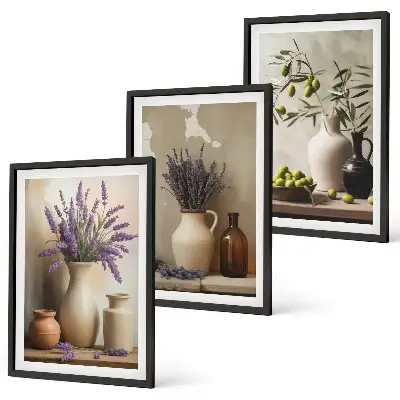3er-Set Wandbilder mit Rahmen mit Blumen in Vasen und Olivenzweig-Motiv