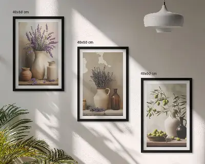 3er-Set Wandbilder mit Rahmen mit Blumen in Vasen und Olivenzweig-Motiv
