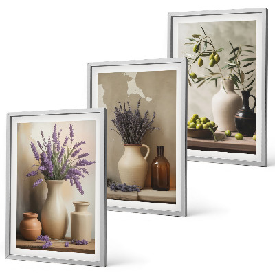 Bilder-3er-set mit rahmen Blumen in Vasen, Oliven, Dekorationen