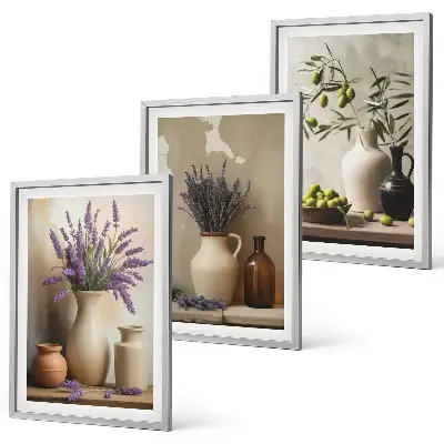 3er-Set Wandbilder mit Rahmen mit Blumen in Vasen und Olivenzweig-Motiv