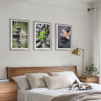 Gerahmtes bilderset Eine ruhige Zen-Komposition aus Blumen und Wasser