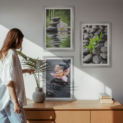 Gerahmtes bilderset Eine ruhige Zen-Komposition aus Blumen und Wasser