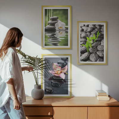 Gerahmtes bilderset Eine ruhige Zen-Komposition aus Blumen und Wasser