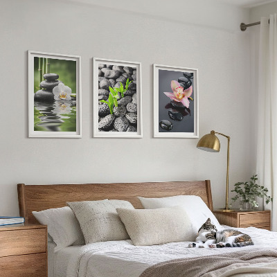 Gerahmtes bilderset Eine ruhige Zen-Komposition aus Blumen und Wasser
