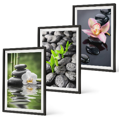 Gerahmtes bilderset Eine ruhige Zen-Komposition aus Blumen und Wasser