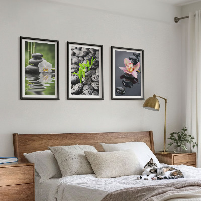Gerahmtes bilderset Eine ruhige Zen-Komposition aus Blumen und Wasser