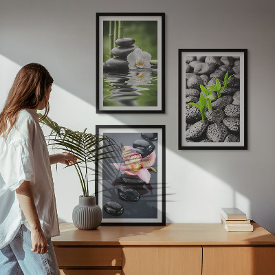 Gerahmtes bilderset Eine ruhige Zen-Komposition aus Blumen und Wasser