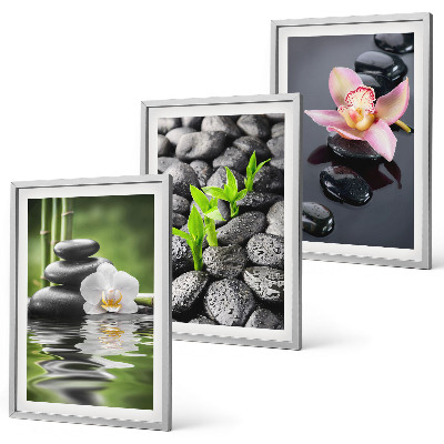 Gerahmtes bilderset Eine ruhige Zen-Komposition aus Blumen und Wasser