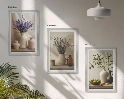 Bilder-3er-Set mit Rahmen mit Lavendelblüten, Oliven und Gefäßen