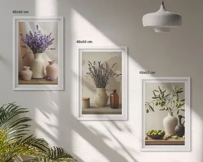 Bilder-3er-Set mit Rahmen mit Lavendelblüten, Oliven und Gefäßen