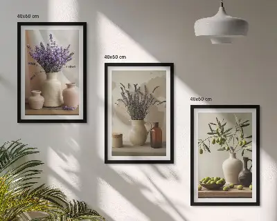 Bilder-3er-Set mit Rahmen mit Lavendelblüten, Oliven und Gefäßen