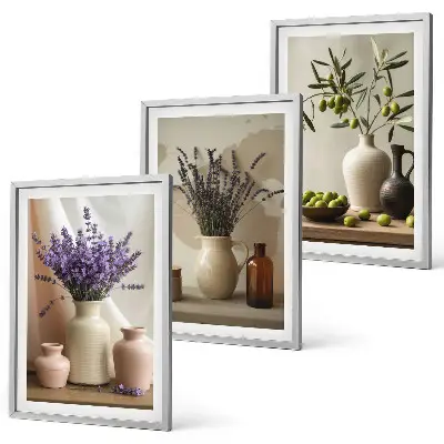 Bilder-3er-Set mit Rahmen mit Lavendelblüten, Oliven und Gefäßen