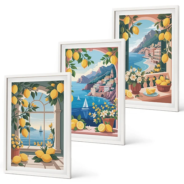 3er-Set Bilder mit Rahmen mit Meerblick und italienischen Zitronen