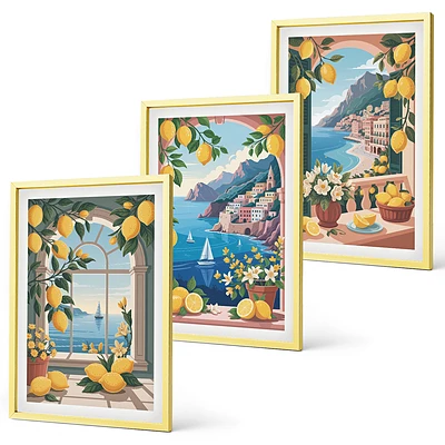 3er-Set Bilder mit Rahmen mit Meerblick und italienischen Zitronen