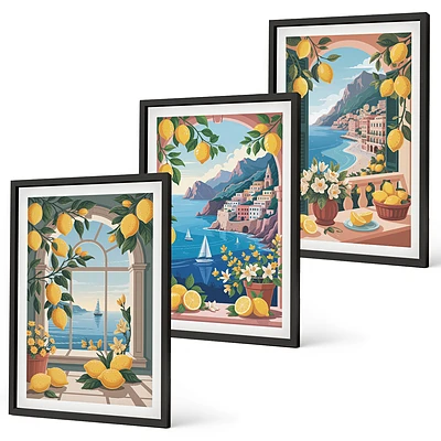 3er-Set Bilder mit Rahmen mit Meerblick und italienischen Zitronen
