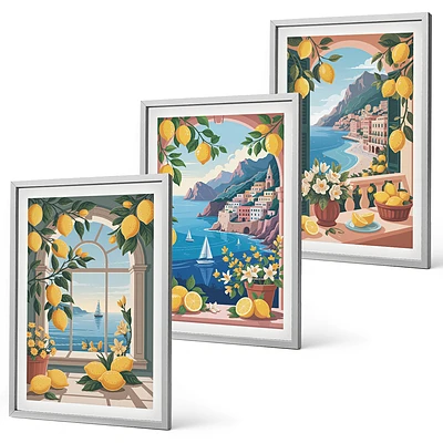 3er-Set Bilder mit Rahmen mit Meerblick und italienischen Zitronen
