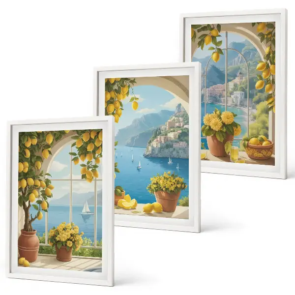 Gerahmtes Bilderset mit Meereslandschaften, Zitronen und Fenstermotiven