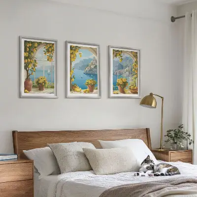 Gerahmtes Bilderset mit Meereslandschaften, Zitronen und Fenstermotiven