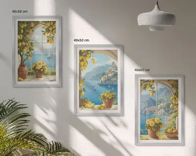 Gerahmtes Bilderset mit Meereslandschaften, Zitronen und Fenstermotiven