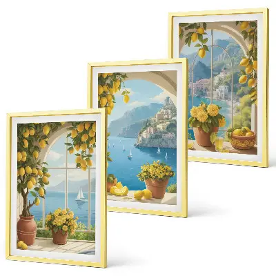 Gerahmtes Bilderset mit Meereslandschaften, Zitronen und Fenstermotiven