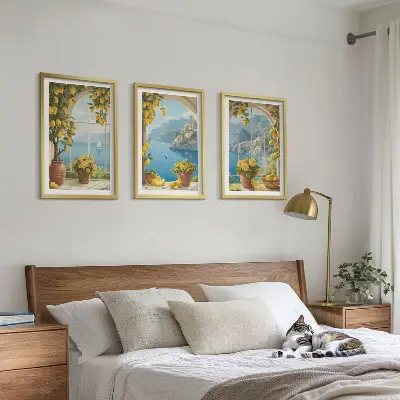 Gerahmtes Bilderset mit Meereslandschaften, Zitronen und Fenstermotiven