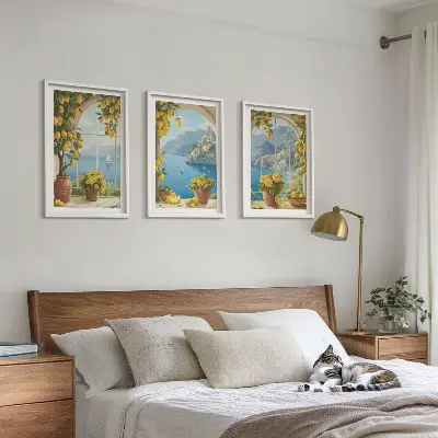 Gerahmtes Bilderset mit Meereslandschaften, Zitronen und Fenstermotiven